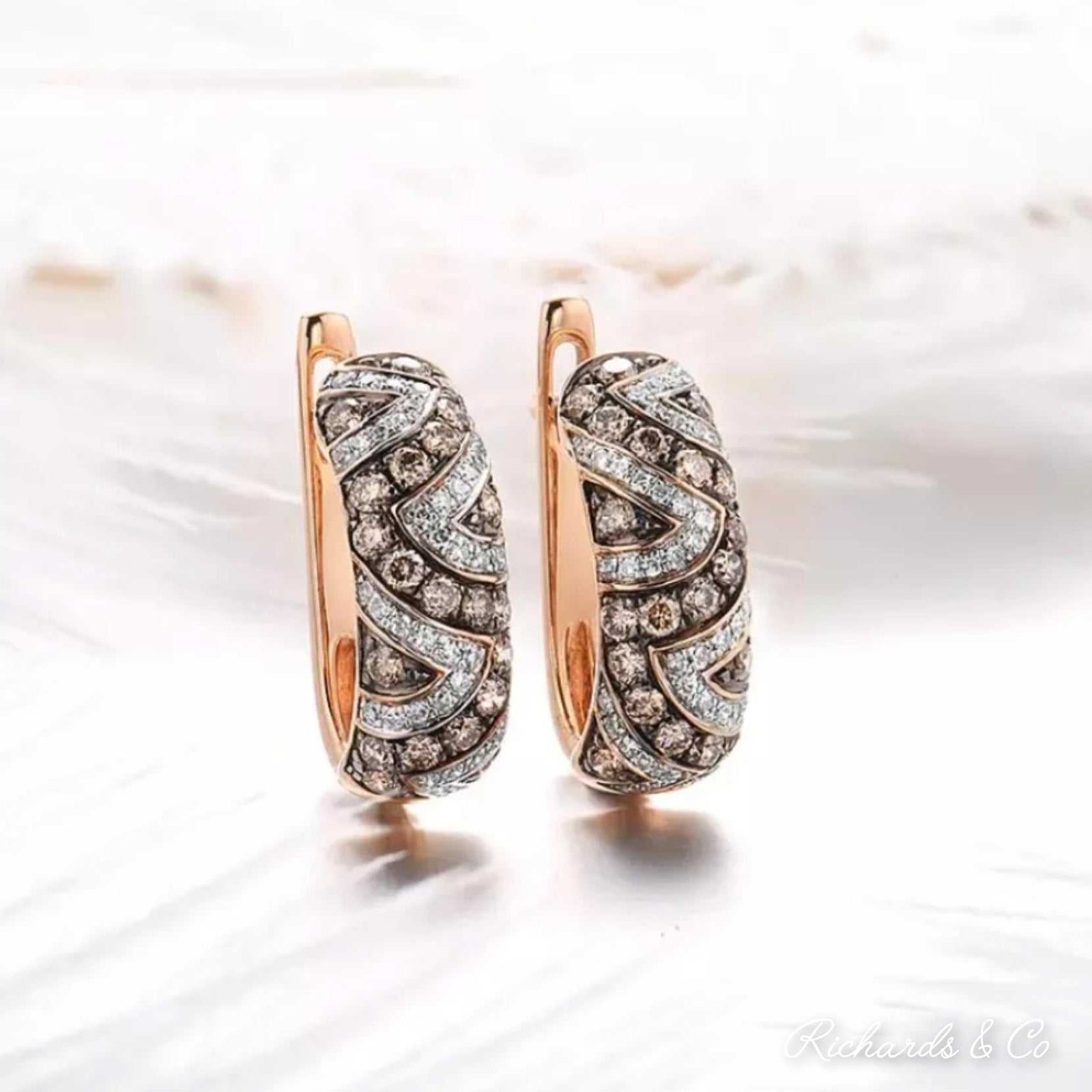 GABRIELLA Collection brown and white diamond rose gold earrings with round cut diamonds