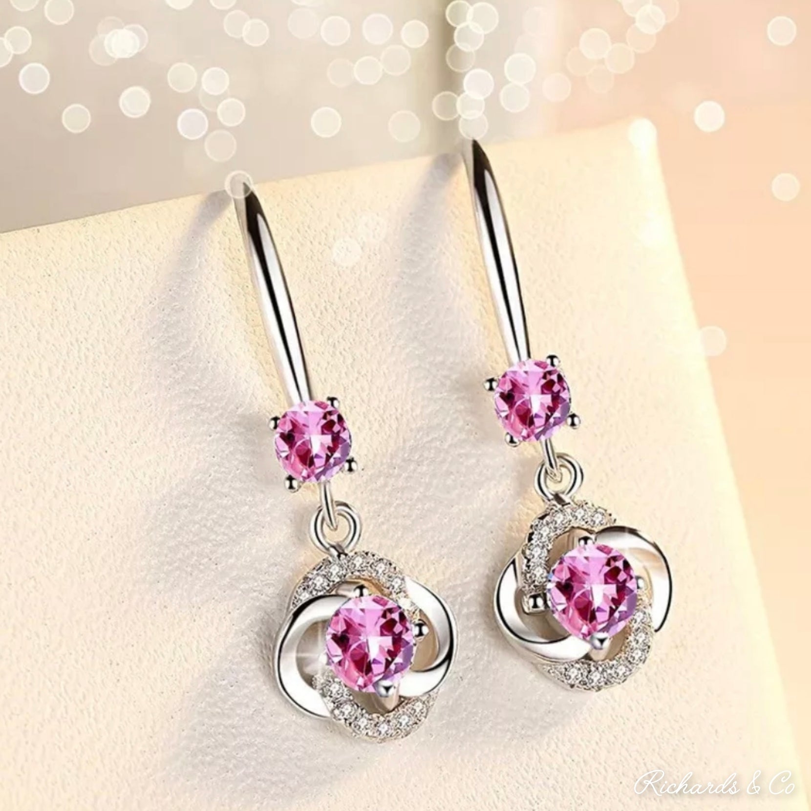 Silver Pink Zircon Drop Earrings