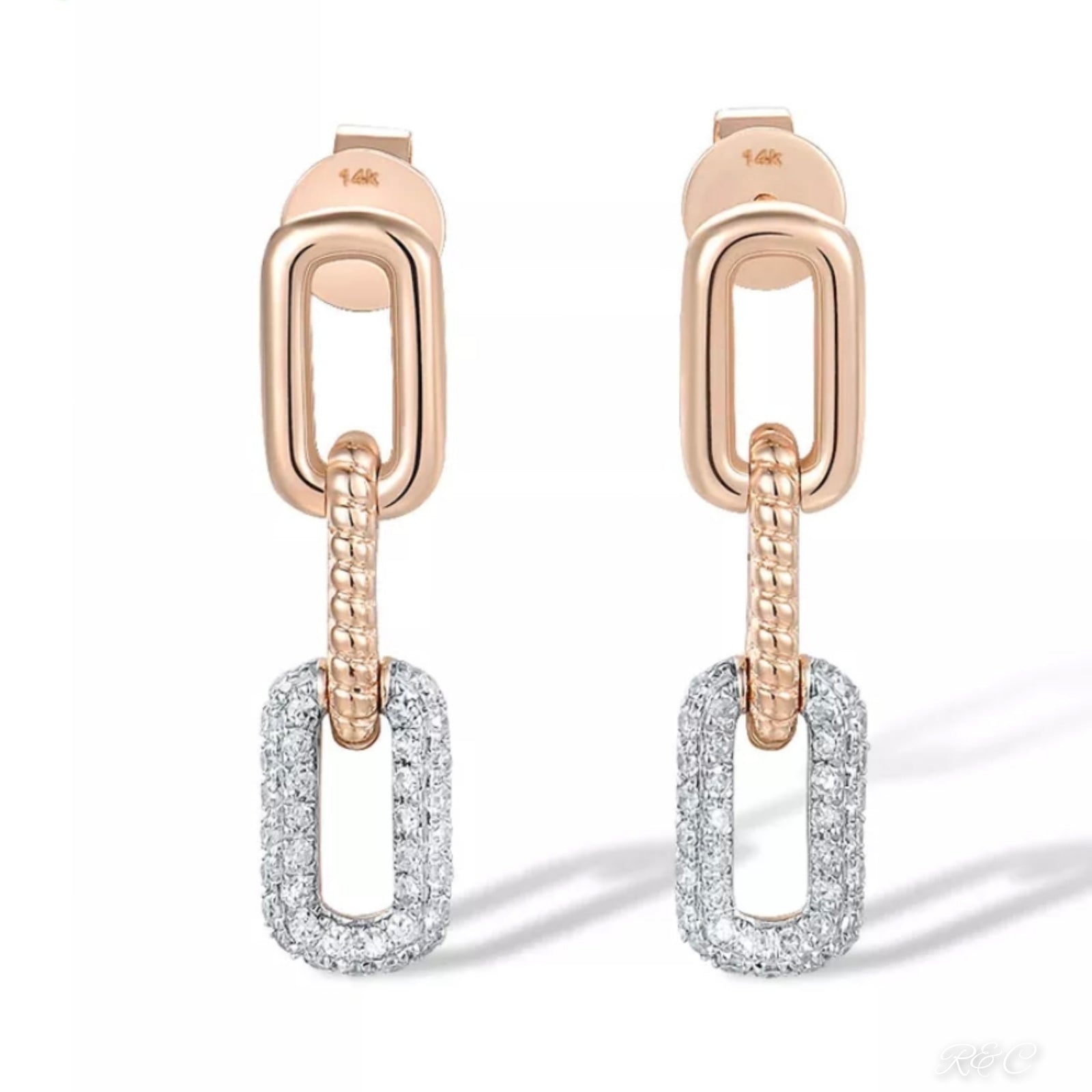 NEW - MARILYN Diamond & Rose Gold Dangle Chain Link Earrings