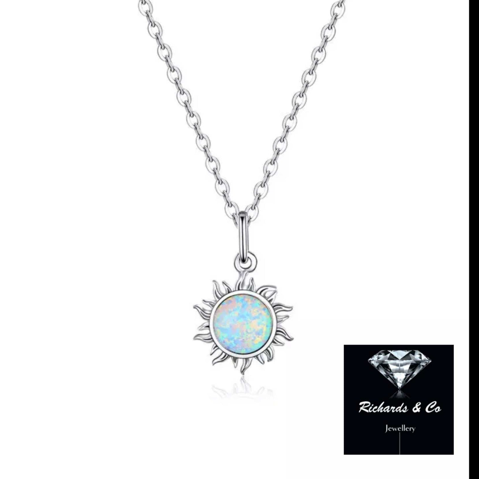 Opal Sun Silver Necklace with sun-shaped opal pendant on a silver chain