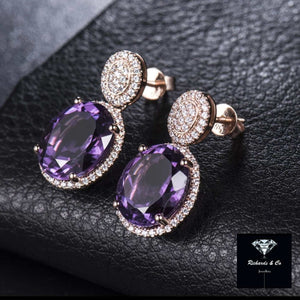 BAILEY Amethyst & Diamond Earrings in 14k rose gold with oval purple amethyst and surrounding round diamonds