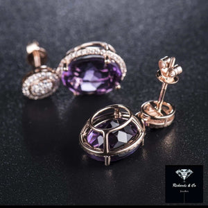 BAILEY Amethyst and Diamond Earrings with solid 14k rose gold and oval purple amethyst surrounded by round natural diamonds
