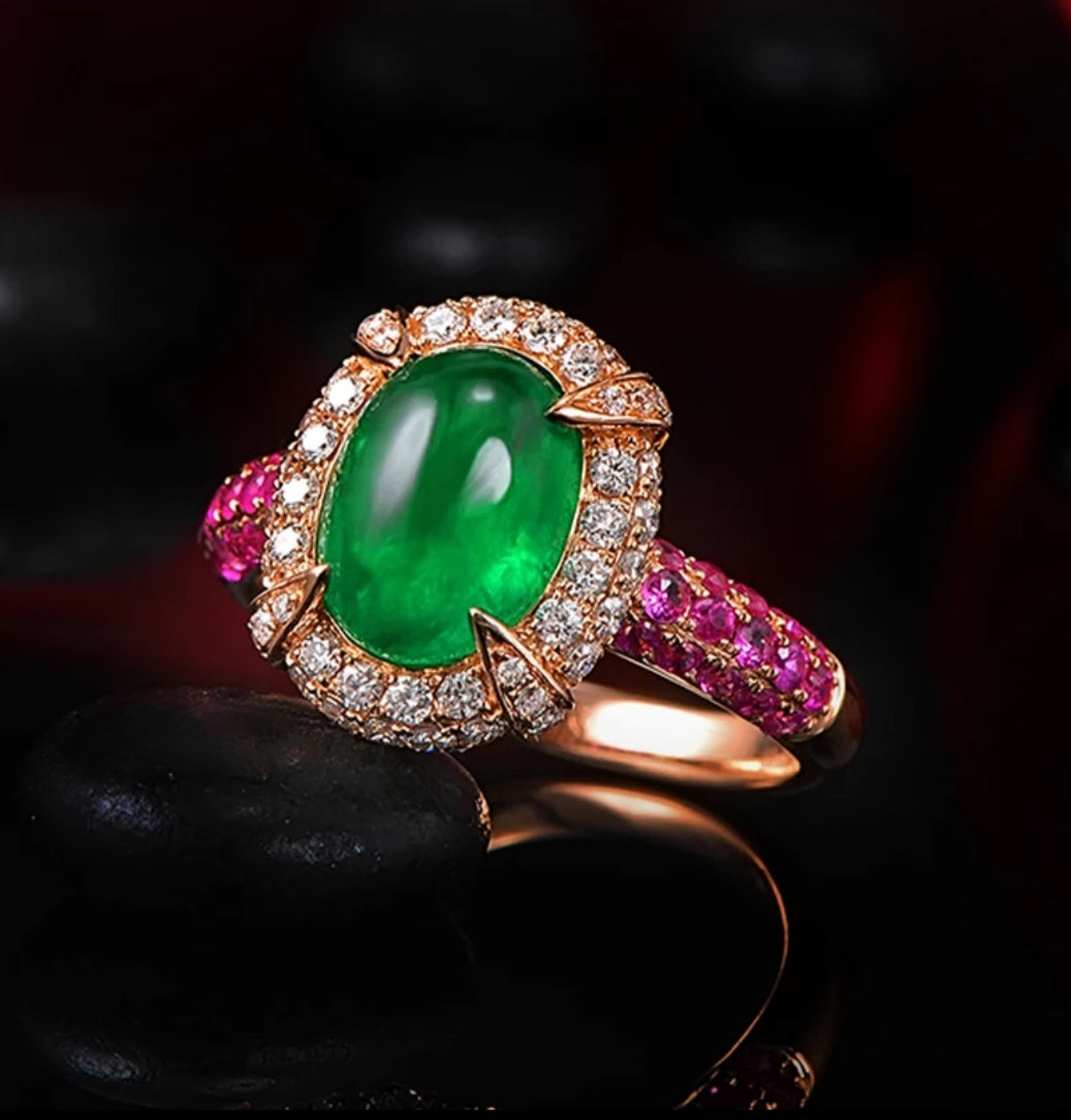 R and C Signature Ring with 14k rose gold, 2.15ct natural emerald, diamonds, and pink sapphires