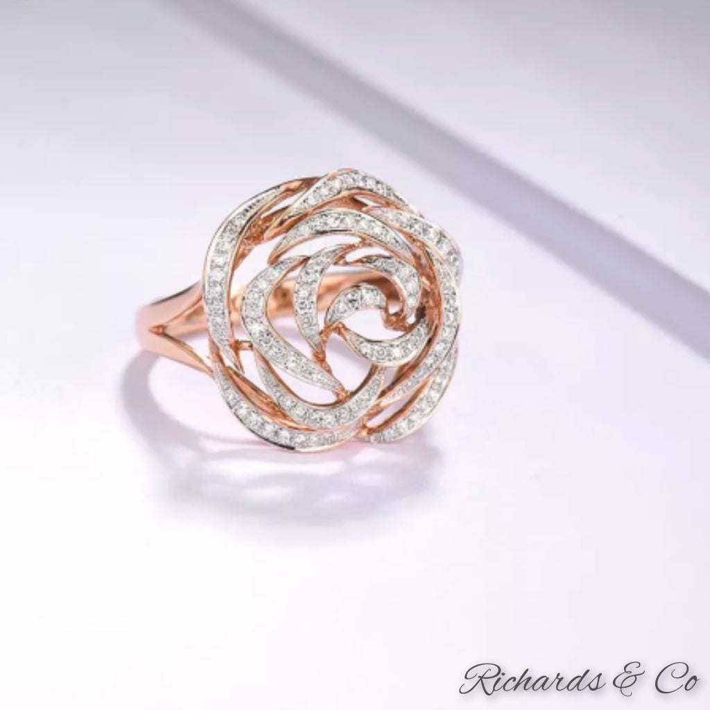 ROSALIND Diamond Rose Gold Flower Ring with pave set 98 round cut diamonds in 14k rose gold designed as a romantic rose shape