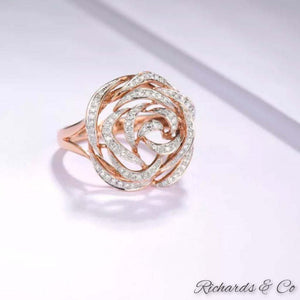 ROSALIND Diamond Rose Gold Flower Ring with pave set 98 round cut diamonds in 14k rose gold designed as a romantic rose shape