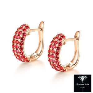 Bella Earrings with red rubies and diamonds in 14K rose gold hoop studs
