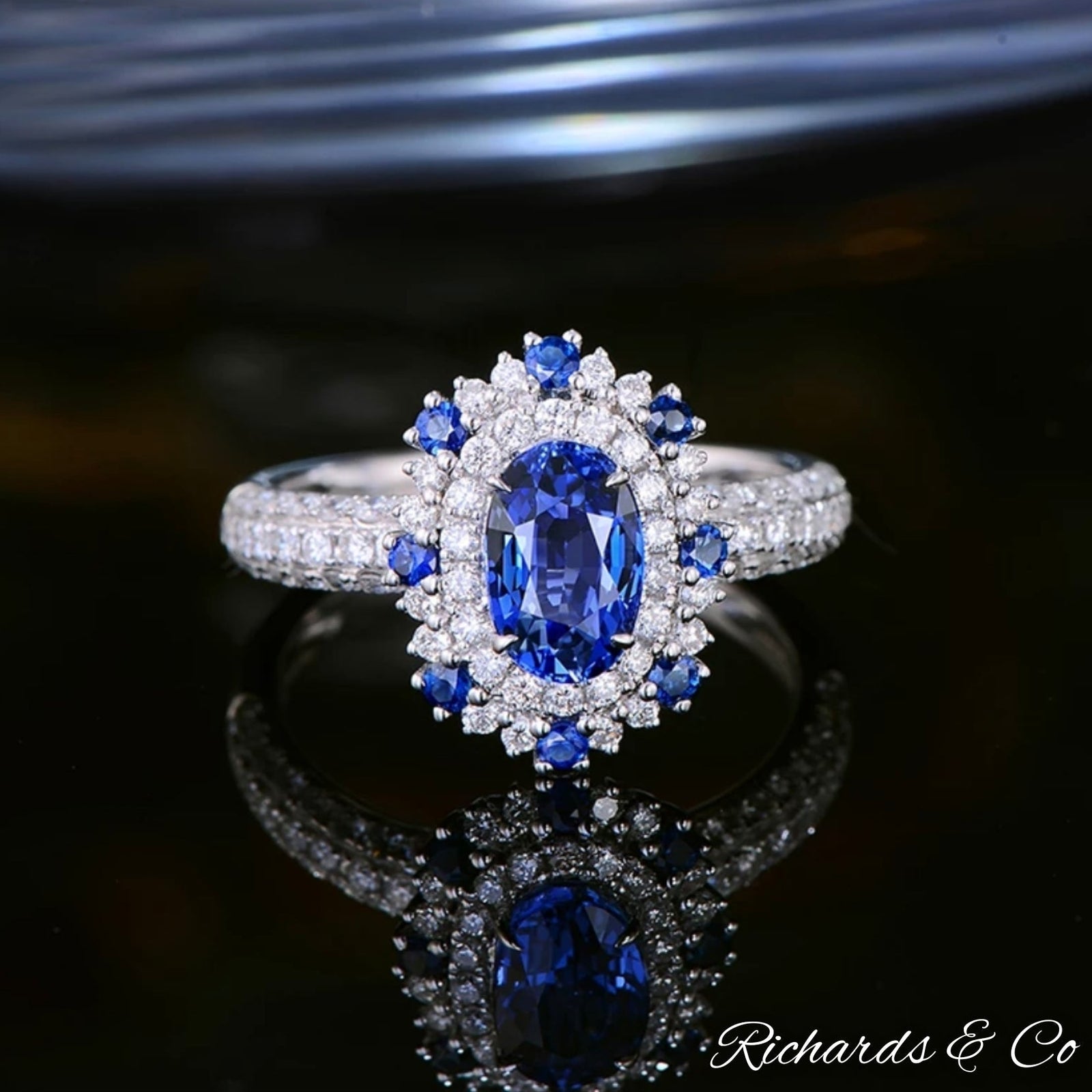 ANNABELLA Sapphire and Diamond Ring with 1.57ct sapphire and 0.71ct diamonds in 18k white gold, handcrafted luxury jewelry