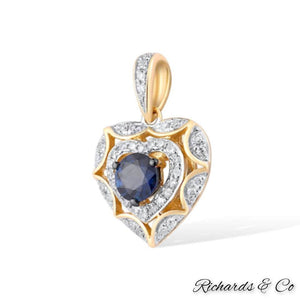 Collection - DEVOTION heart necklace pendant with sapphire and diamond in 14K yellow gold