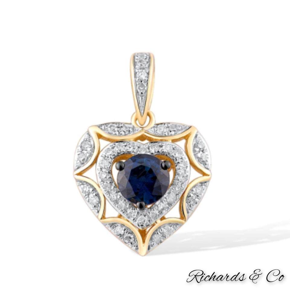 Collection - DEVOTION heart necklace pendant with sapphire and diamond in 14K yellow gold