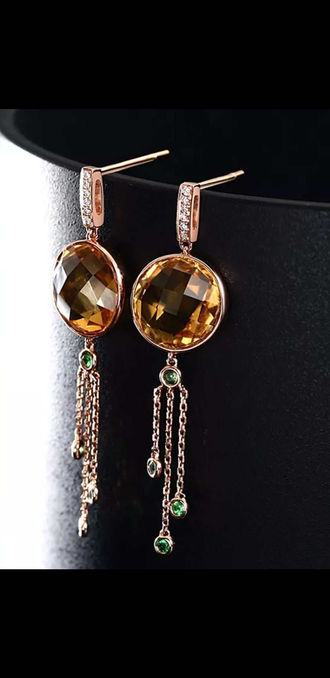 14K rose gold Citrine Emerald & Diamond Earrings with round citrine gemstones, emerald accents, and diamond detailing, long drop design.