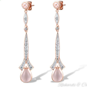 SOPHIE Earrings long drop in 14k rose gold with white topaz and pink quartz gemstones