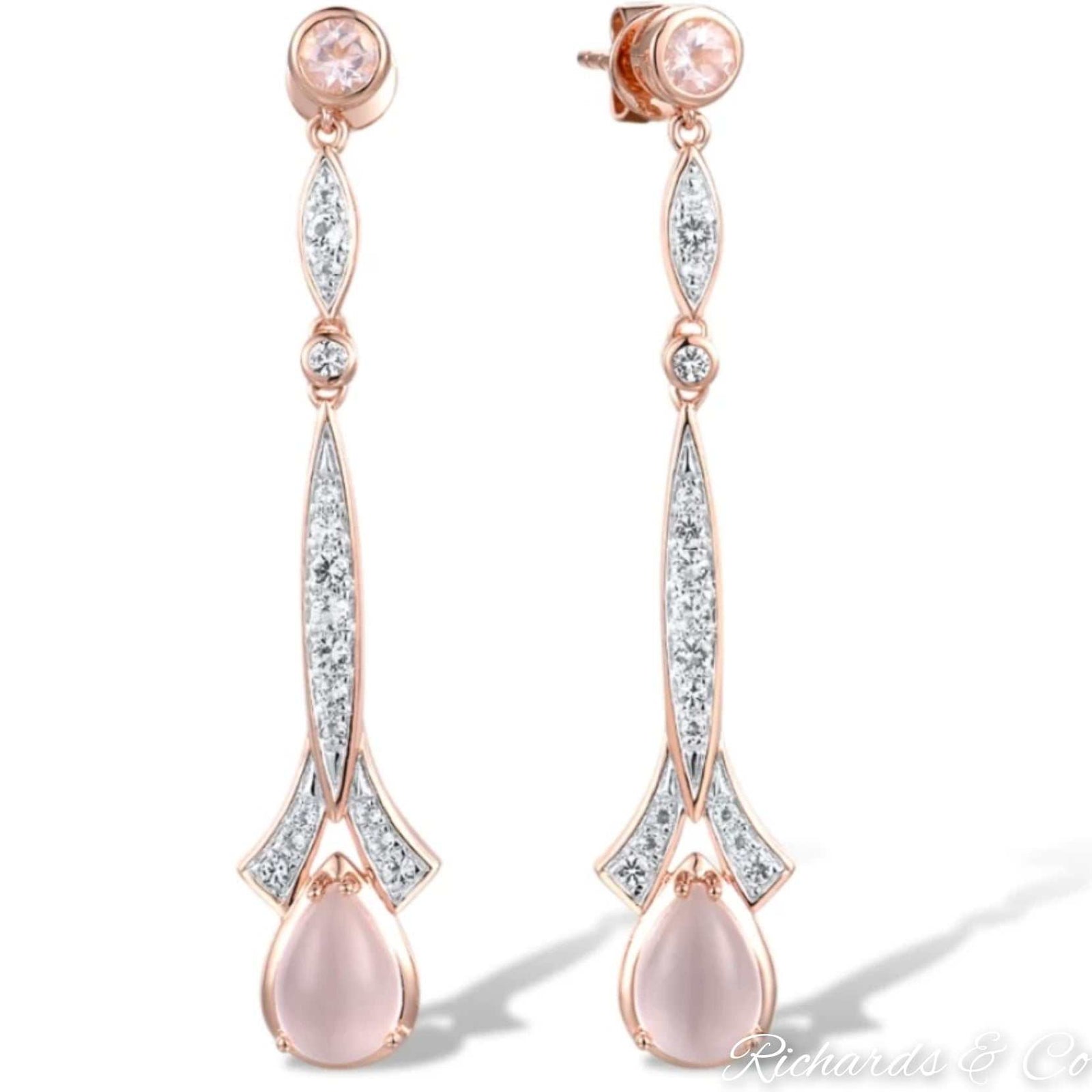 SOPHIE Earrings long drop rose gold with white topaz and pink quartz gemstones