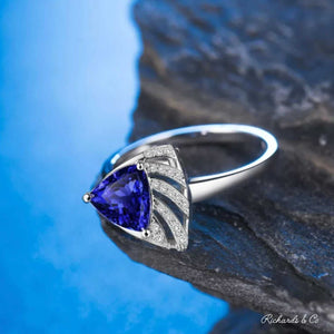 TABBY Tanzanite and diamond 18k white gold ring with trillion cut tanzanite and bezel set diamonds