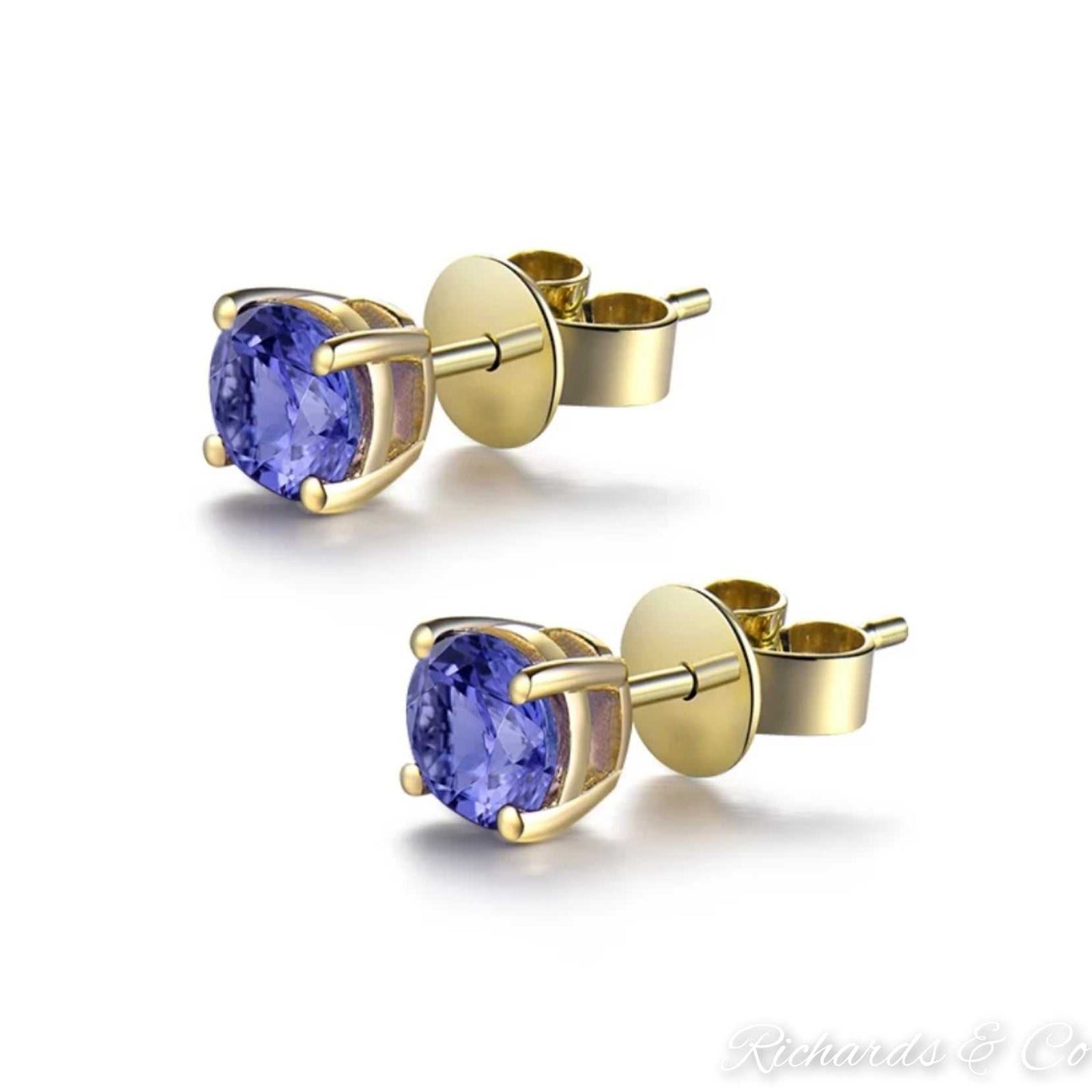 Natural Tanzanite stud earrings with 14K yellow gold setting and round 5mm violet-blue gemstones