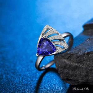 TABBY Tanzanite and diamond 18k white gold ring with trillion-cut blue tanzanite and bezel-set diamonds