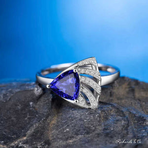 TABBY Tanzanite and diamond 18k white gold ring with trillion-cut tanzanite and bezel-set diamonds on textured surface