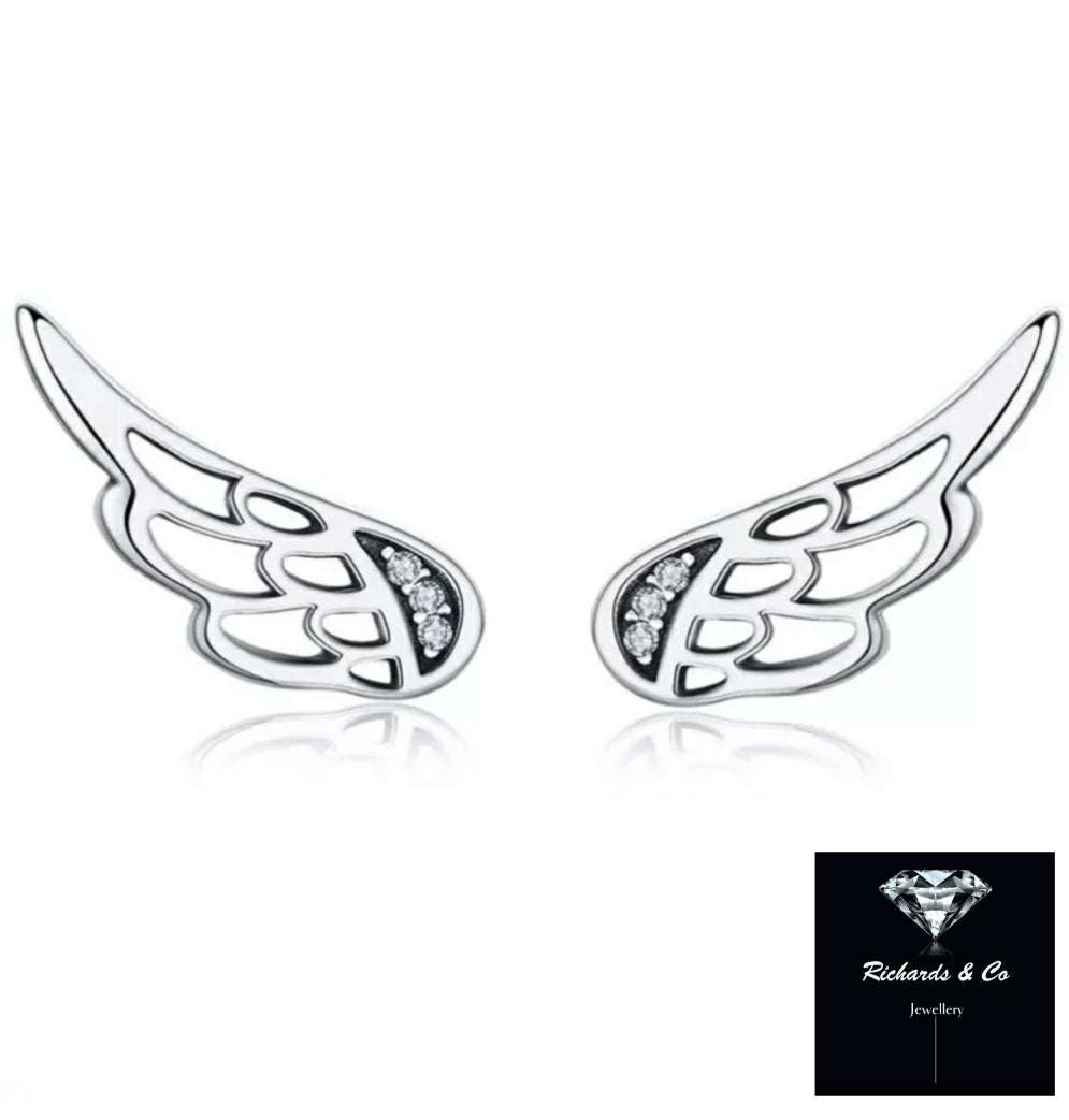 Silver Zircon sterling silver wing earrings with zircon stones in pave setting, lightweight angel wing design