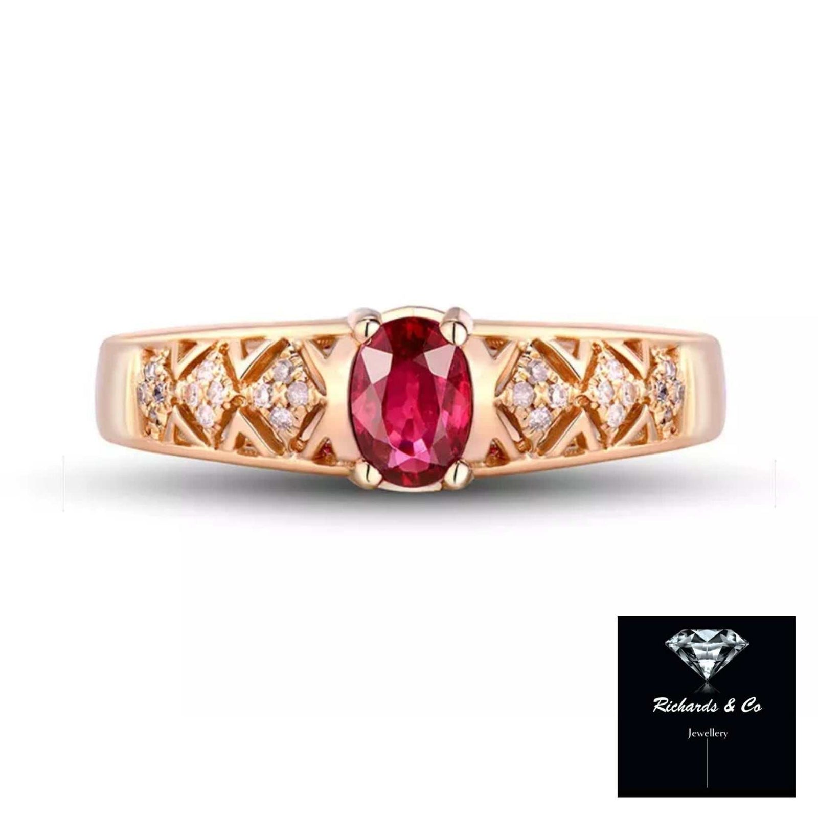 Caitlin Ruby & Diamond Rose Gold Ring featuring oval ruby and round diamonds in 14k rose gold band