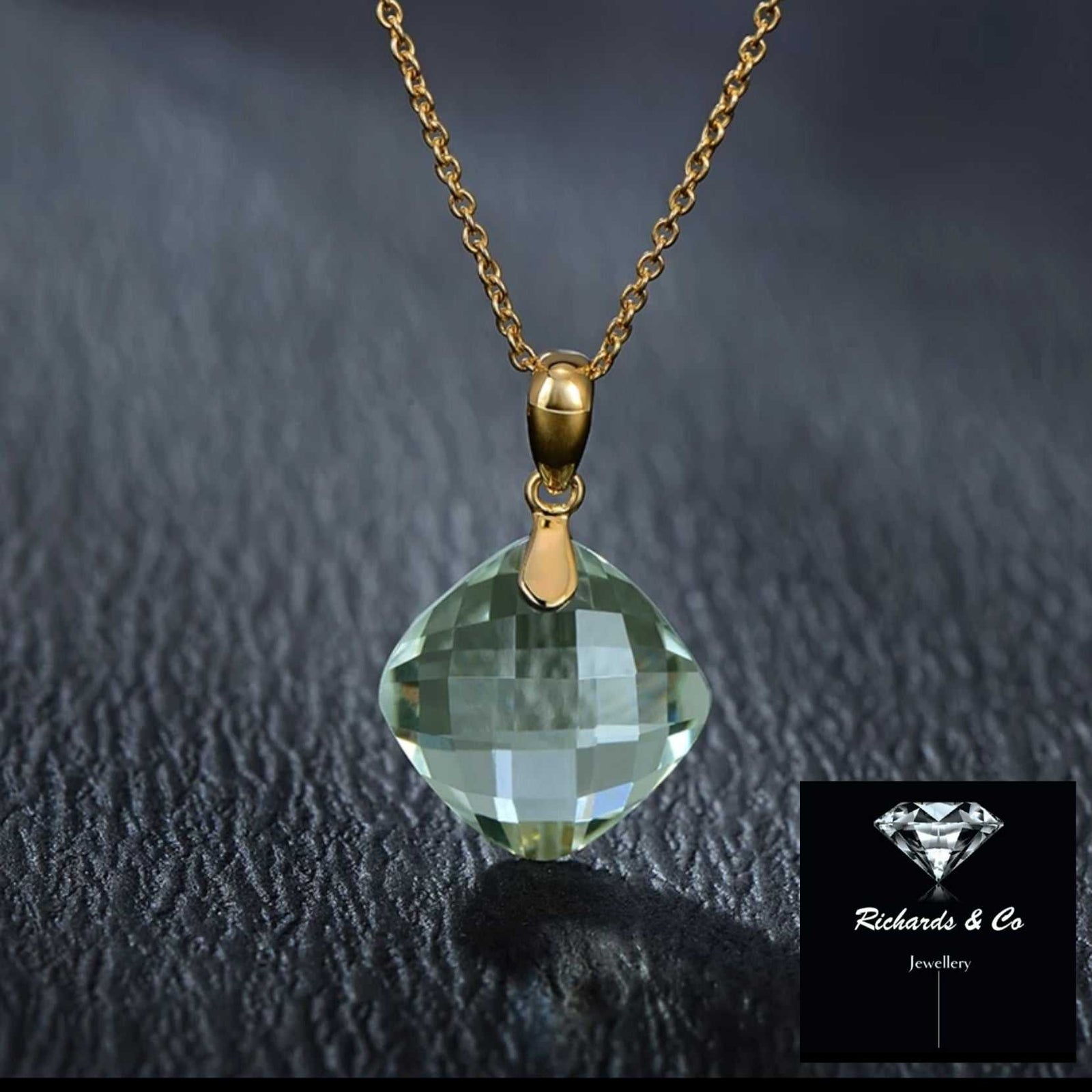 Green amethyst cushion cut pendant set in 14K yellow gold necklace