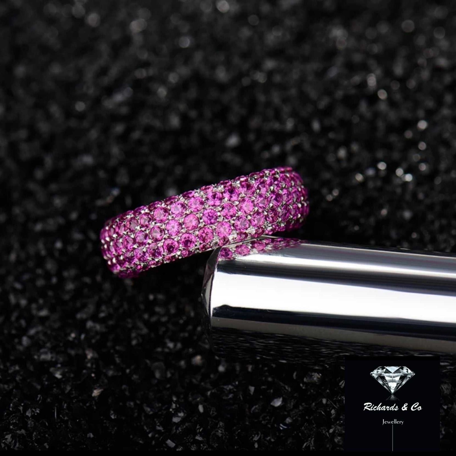 Corundum gemstone and diamond 14K white gold luxury band ring with pink tones, handmade fine jewelry