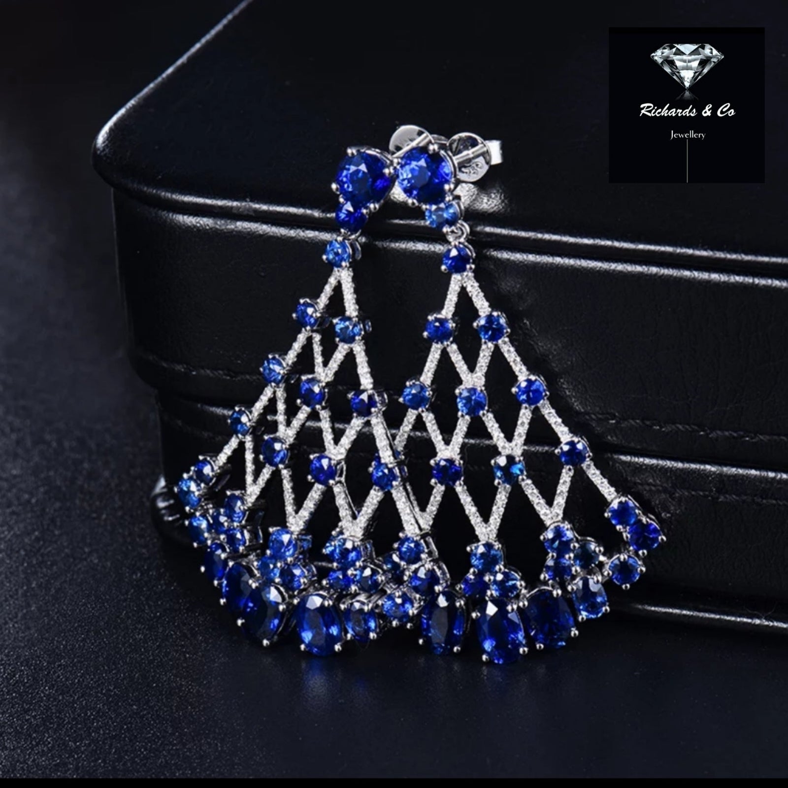 ATHENA Sapphire and Diamond Drop Earrings in 18k white gold with oval blue sapphires and round diamonds