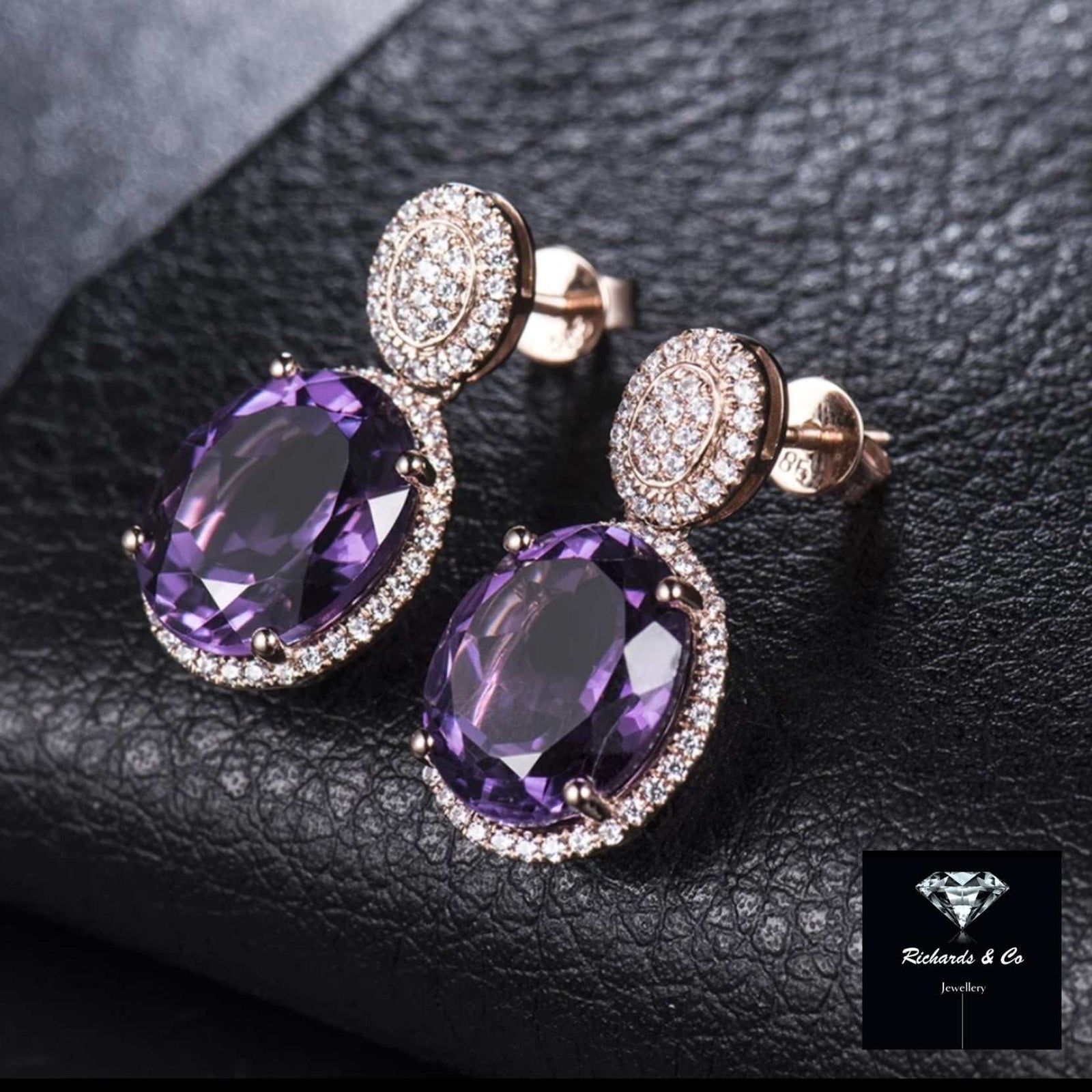 BAILEY Amethyst & Diamond Earrings in 14k rose gold with oval purple amethyst and surrounding round diamonds