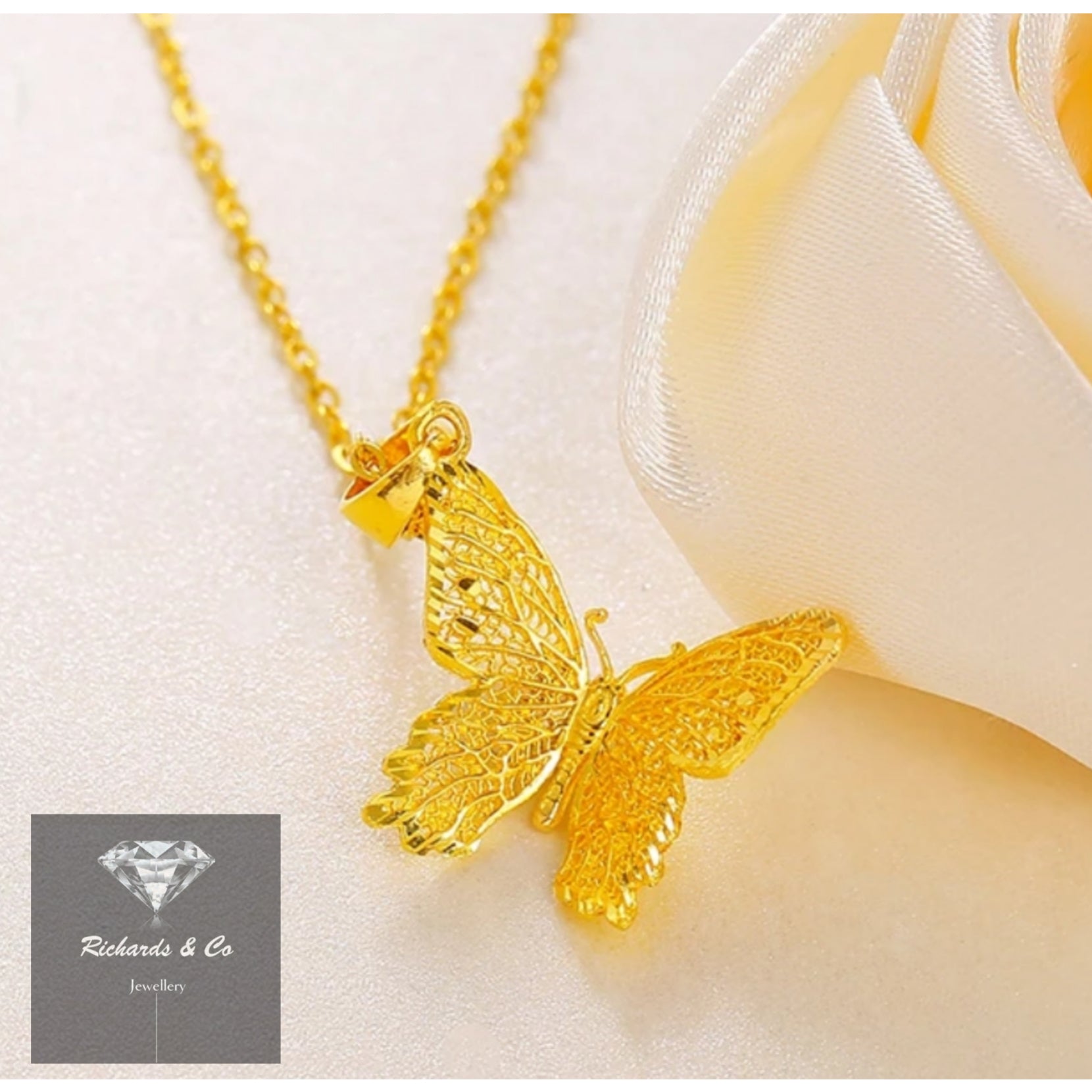 Gold & Blue Crystal Butterfly Pendant Necklace – H&R Fashion Jewelry