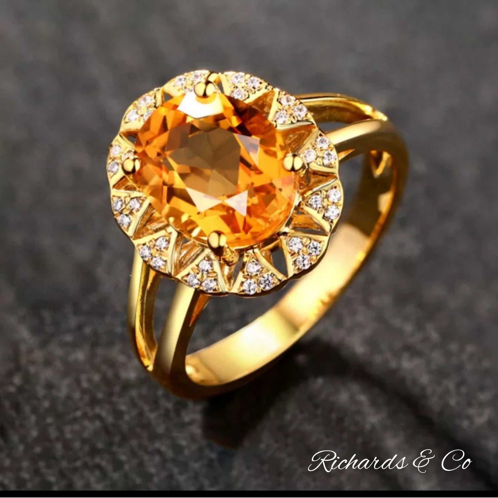 Natural citrine and diamond ring with round cut gemstone and gold band