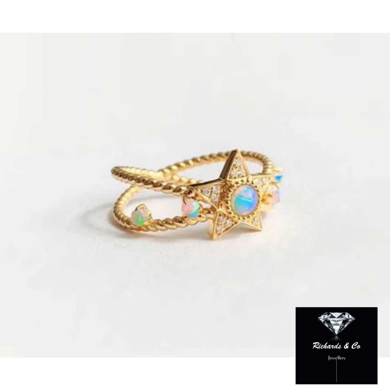 18k yellow gold ring with star shape opal and diamonds, dainty celestial design