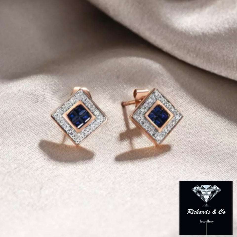 Rose gold sapphire and diamond stud earrings with square sapphires and round diamonds in elegant design