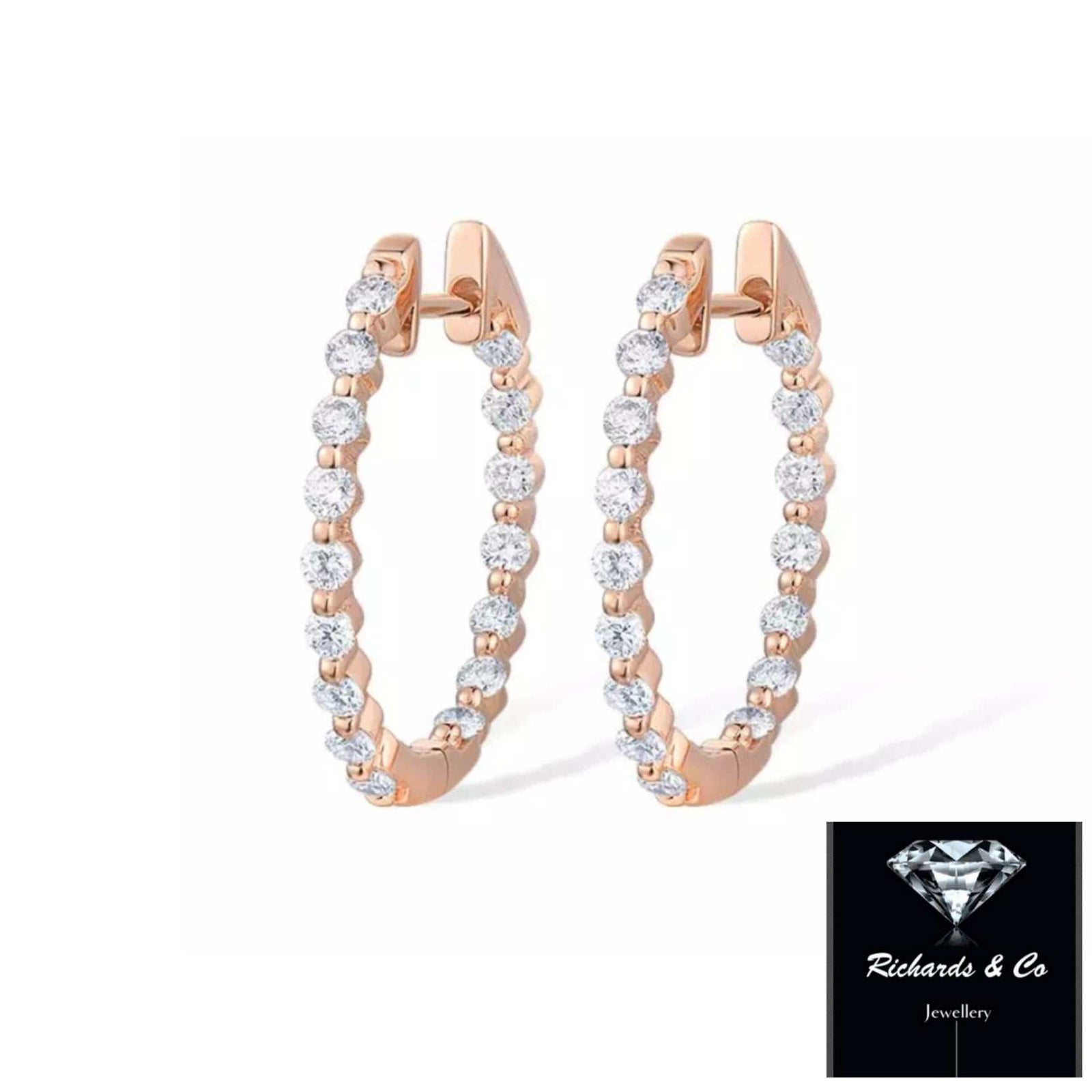 Rose gold diamond hoop earrings with 0.60ct natural diamonds, 14K solid rose gold, elegant and sparkling jewelry