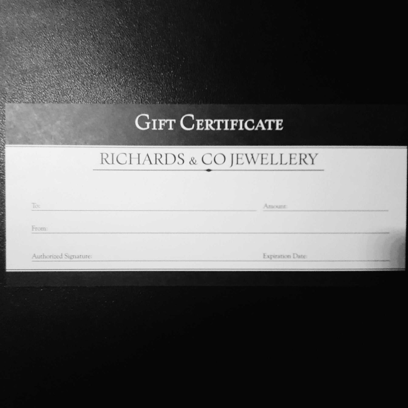 Richards & Co Jewellery gift certificate card for special occasions and gifts