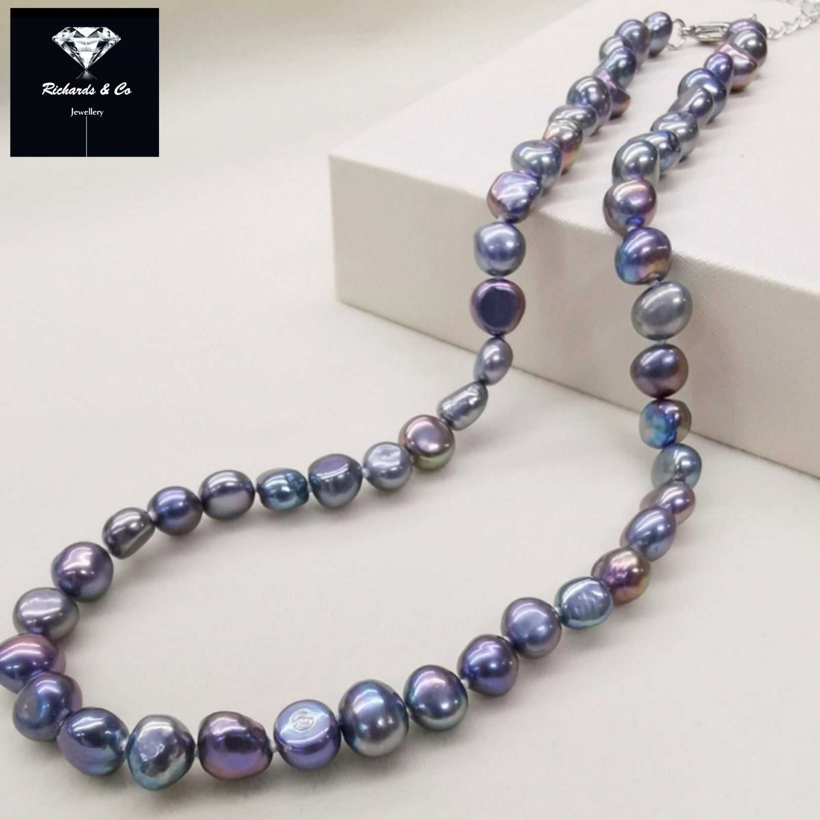 Natural pearl necklace with black and purple freshwater pearls on solid silver rope chain, 45cm length