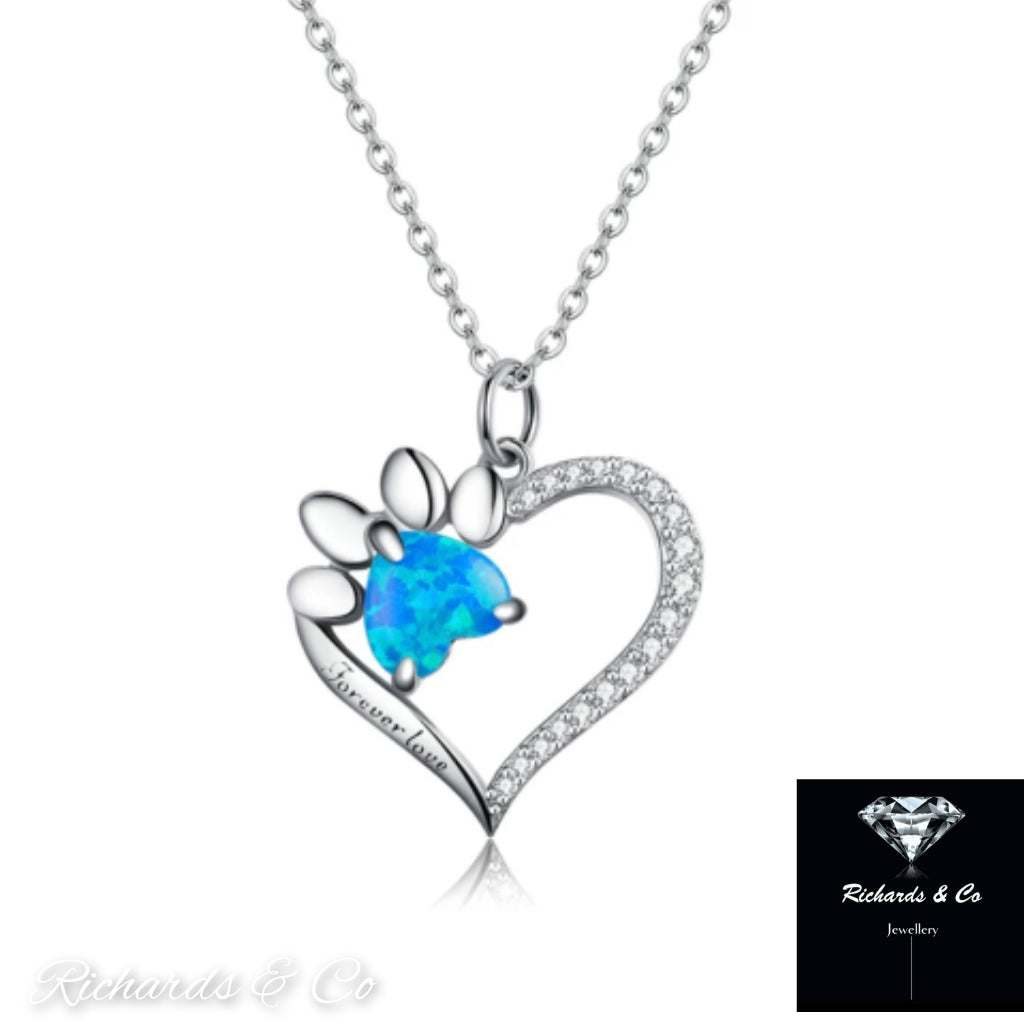 Heart shaped silver necklace with blue zirconia and paw print pendant on link chain