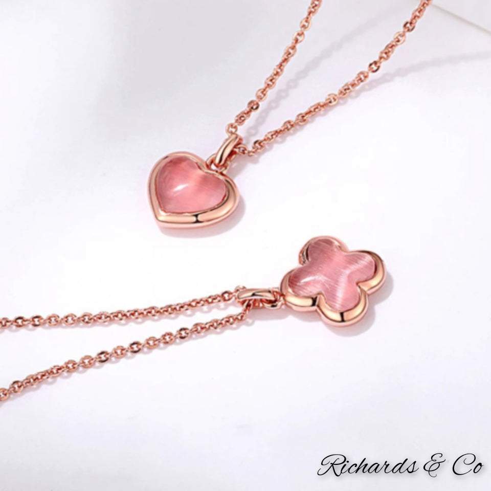 Heart or Four-Leaf Clover 18K rose gold necklace with pink natural shell pendants