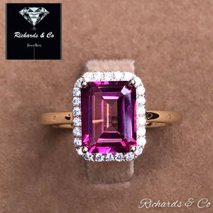 Emerald Cut Pink Topaz & Halo Diamond Yellow Gold Ring