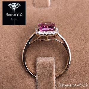Emerald Cut Pink Topaz & Halo Diamond Yellow Gold Ring