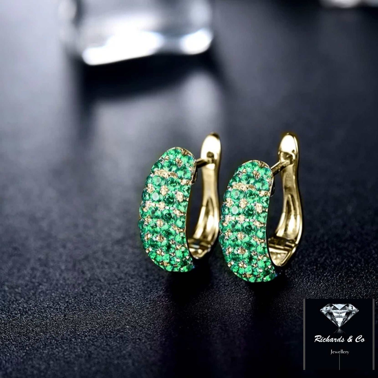 Bella Earrings emerald and diamond hoop studs in 14K solid yellow gold luxury jewelry