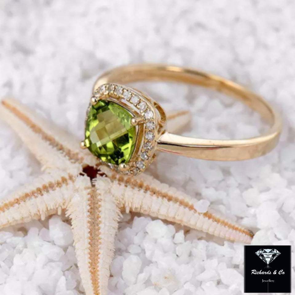 Scarlett Collection natural peridot and diamond 14K yellow gold ring with cushion cut green gemstone and pave setting