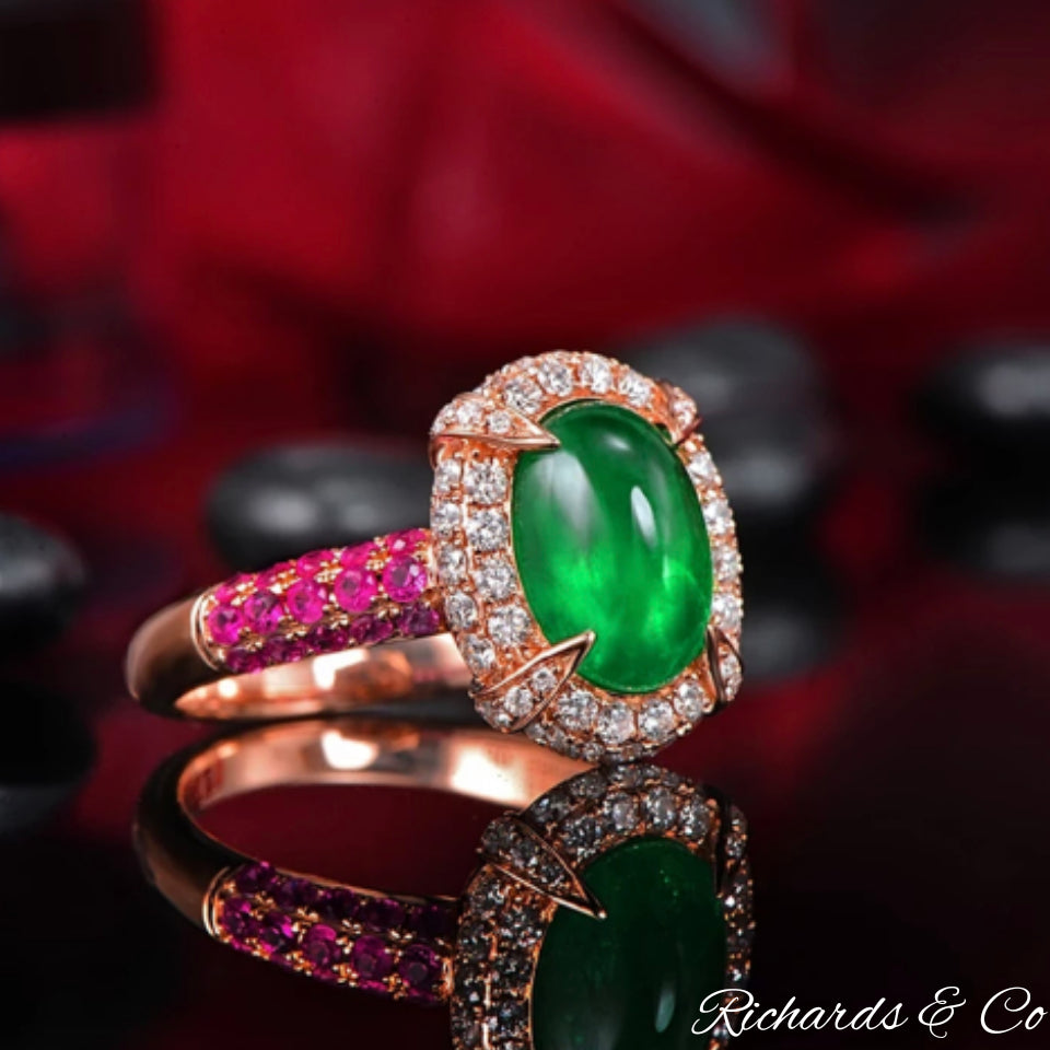 R C SIGNATURE RING Rose Gold Emerald Diamond Pink Sapphire Ring Richards Co Jewellery