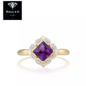 Purple Amethyst & Diamond Yellow Gold Ring