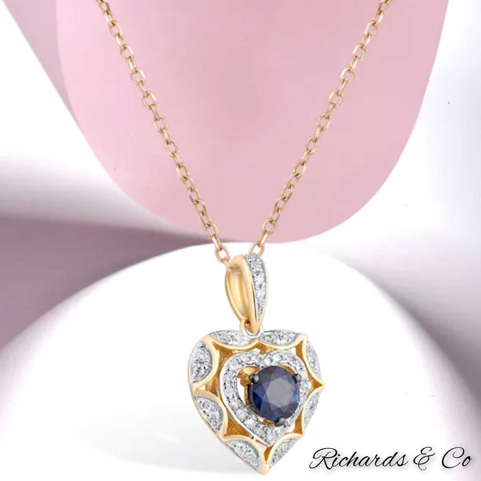 Collection - DEVOTION heart necklace pendant with sapphire and diamond in 14K yellow gold