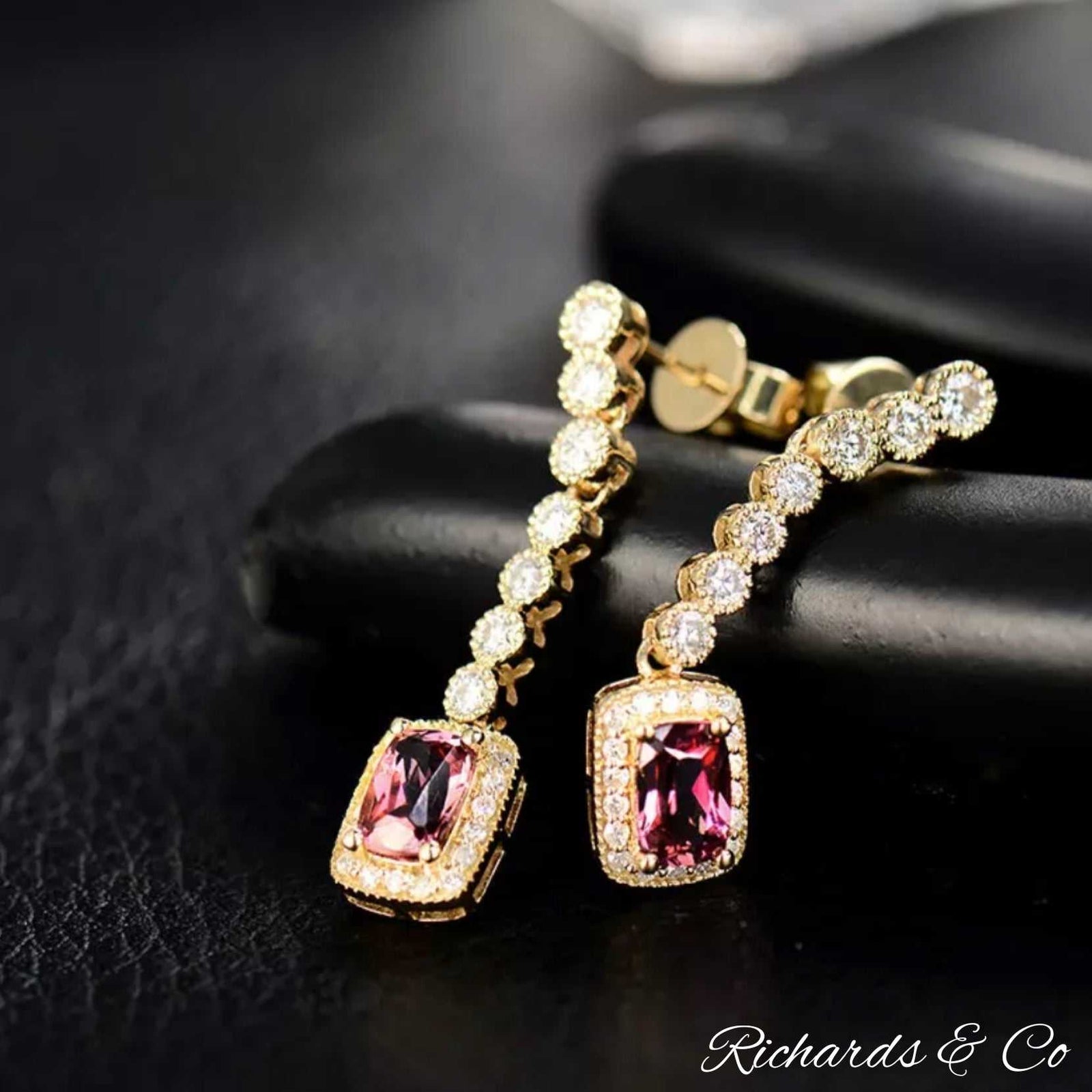KARINA diamonds and pink tourmaline drop earrings in 18k yellow gold with round diamonds and cushion cut pink tourmaline gemstones