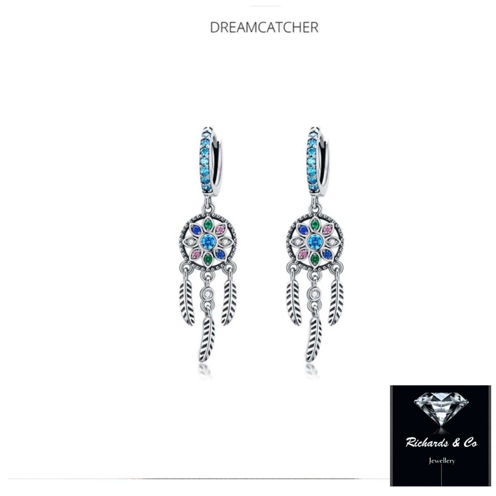 Dreamcatcher solid silver drop earrings with colorful cubic zirconia and boho feather design