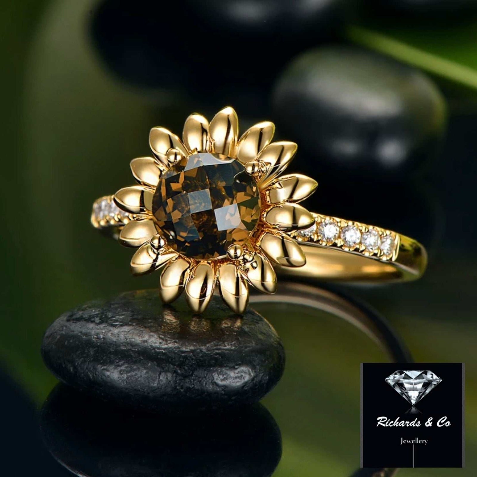 Flower Smoky Topaz and Diamond Yellow Gold Ring with sunflower design and pave setting
