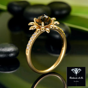 Flower Smoky Topaz & Diamond Yellow Gold Ring