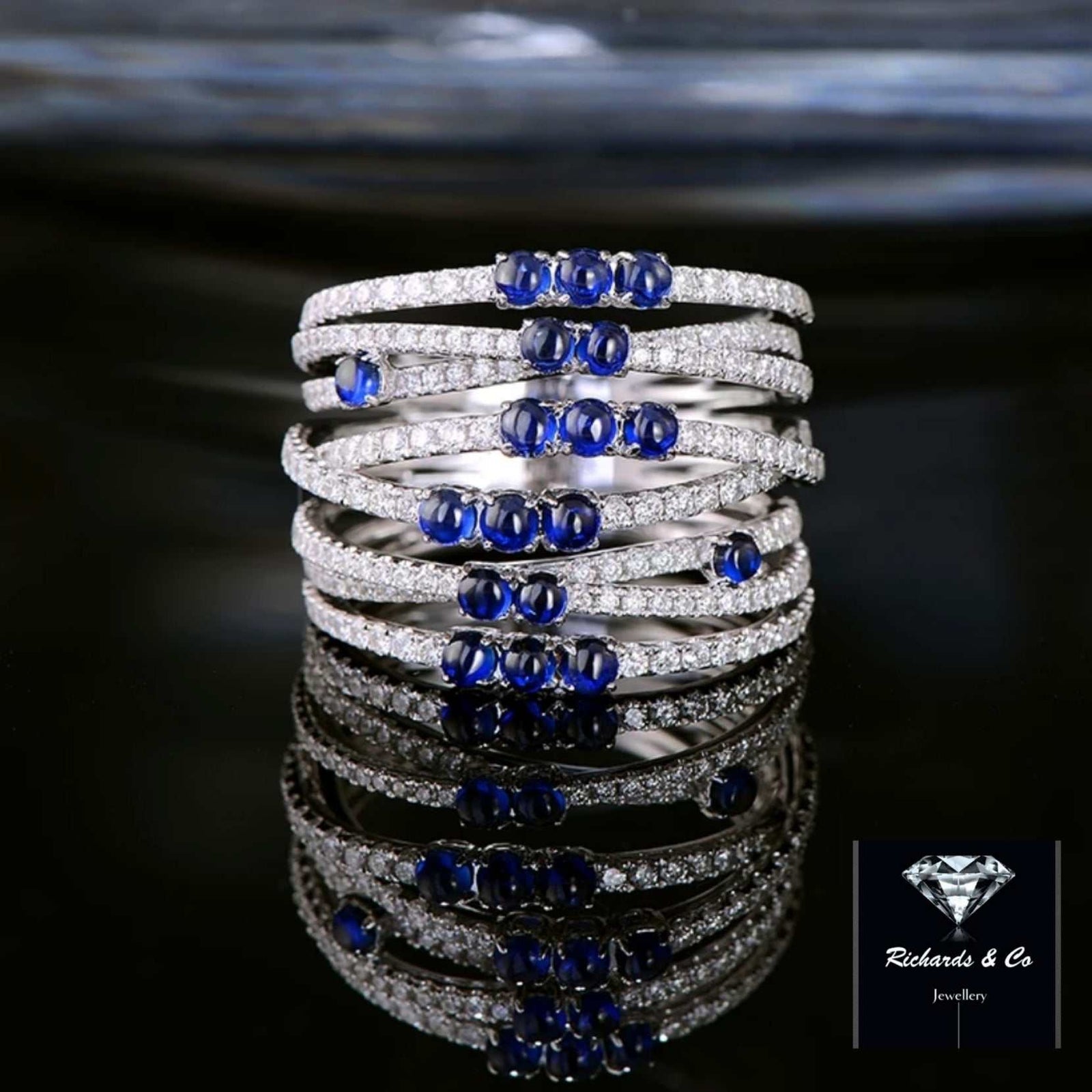 ANNA Sapphire 14K white gold ring with blue cabochon sapphires and round diamonds in bezel setting