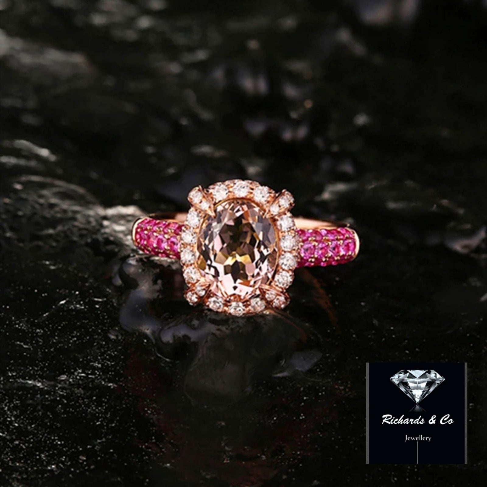 18k rose gold luxury ring with 1.79ct oval cut natural morganite, diamonds, and pink sapphires in pave setting