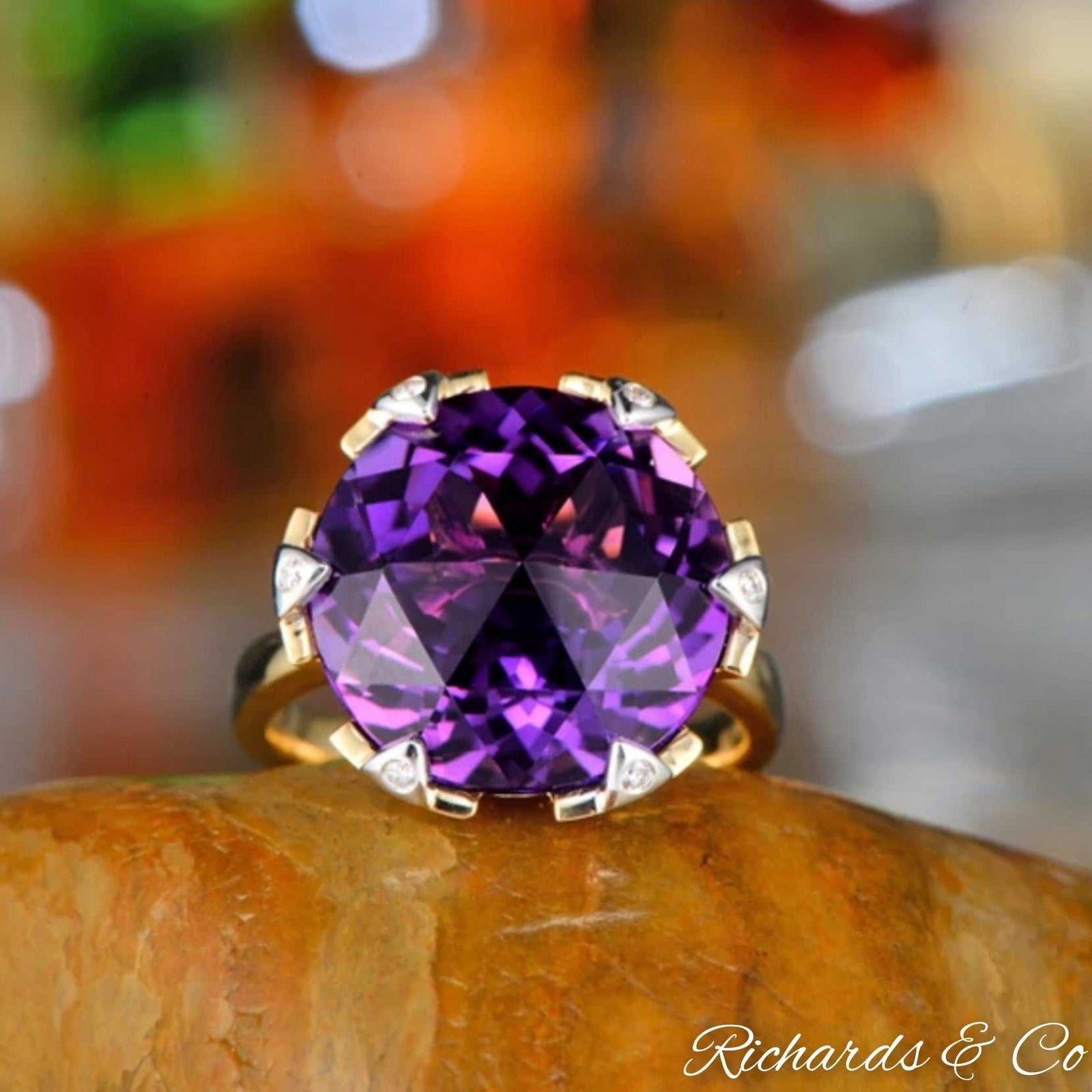 ZARA 14K gold ring with large round cut purple amethyst and diamond accents