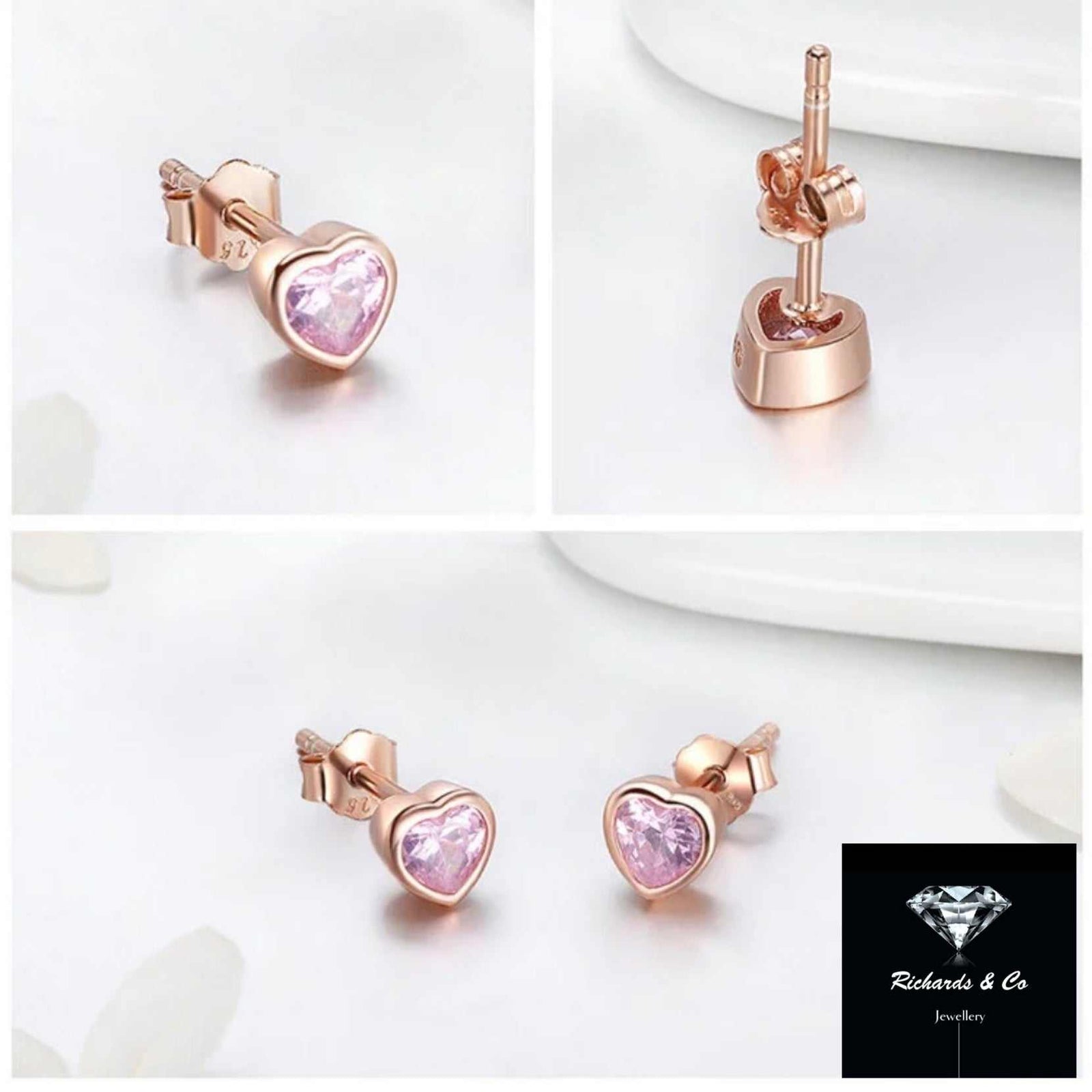 Dazzling Heart rose gold stud earrings with pink zircon heart crystals, small and elegant design